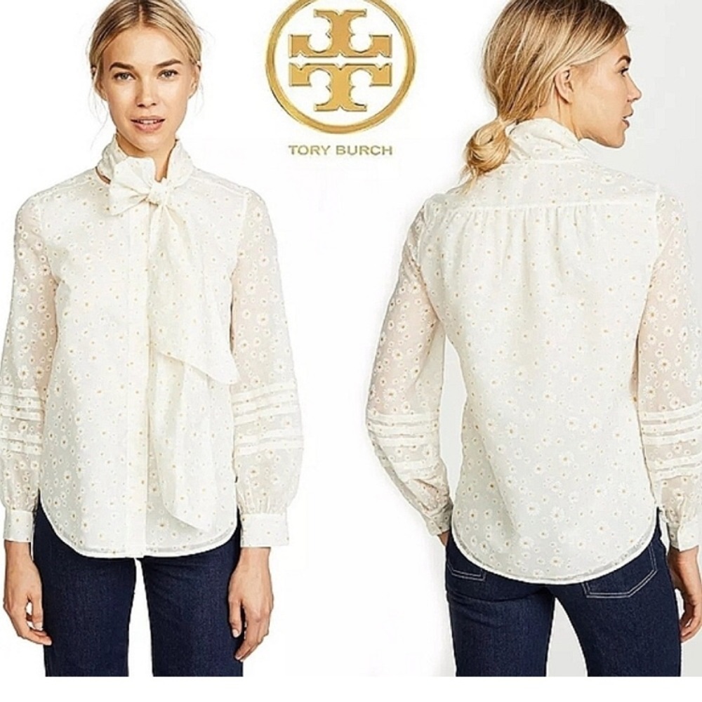 Tory Burch Hayden Ivory Daisy Tie Neck blouse.